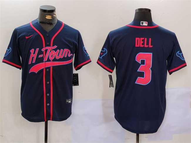 Men%27s Houston Texans #3 Tank Dell Navy With Patch Cool Base Stitched Baseball Jersey